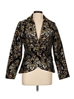 Boston Proper Black Brocade Blazer with Gold & Silver Floral Damask